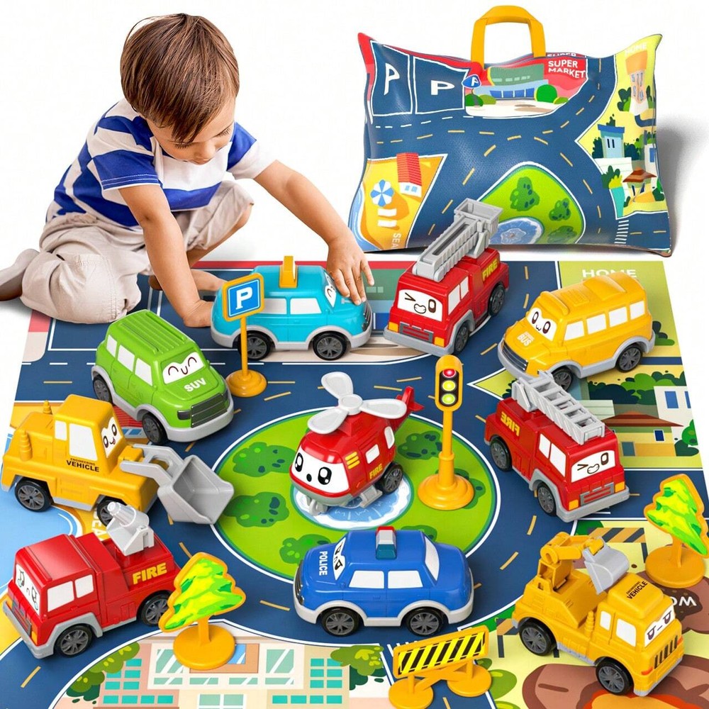 Lucky Doug 12-Piece Truck Car Toy Set with Playmat and Storage Bag for Kids Ages 3-6