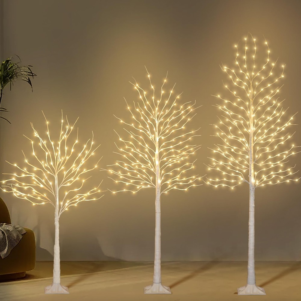 Birch Tree with LED Lights 4+6+8FT, 3PK Artificial Christmas Trees Prelit wit...