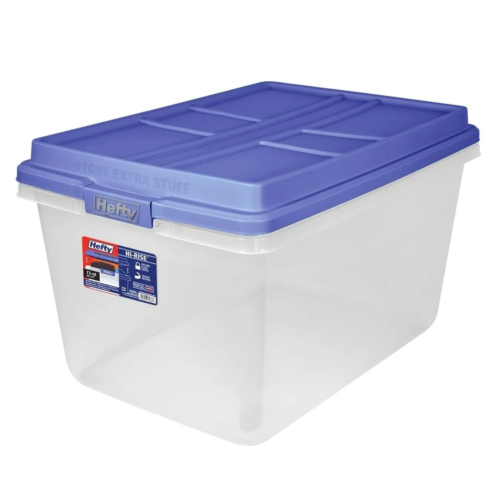 72 Quart Clear Plastic Storage Bin with Blue Hi-Rise Lid and Handles for Easy Transport  