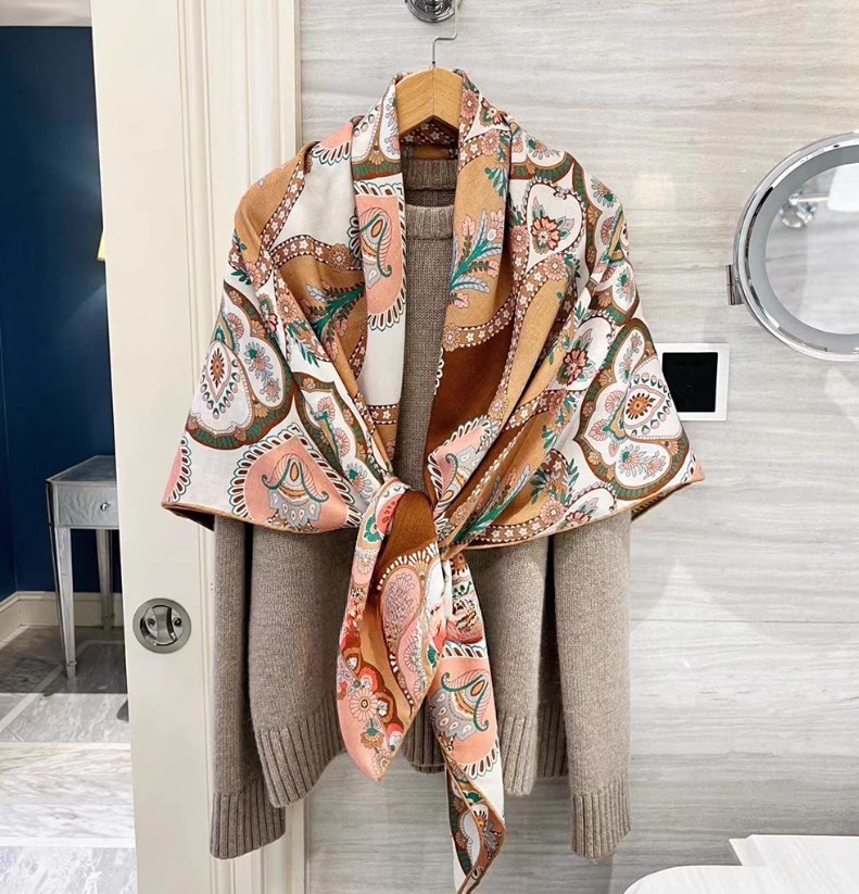 70% Cashmere & 30% Silk Wrap Scarf Blue Autumn leaves Print Shawl 130X130cm NEW