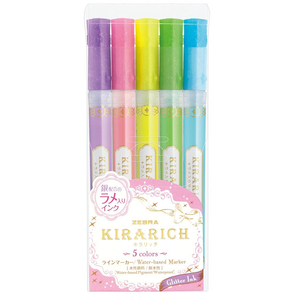 Zebra Glitter Highlighter, Kirarich, 5 Color Set (4901681512102)