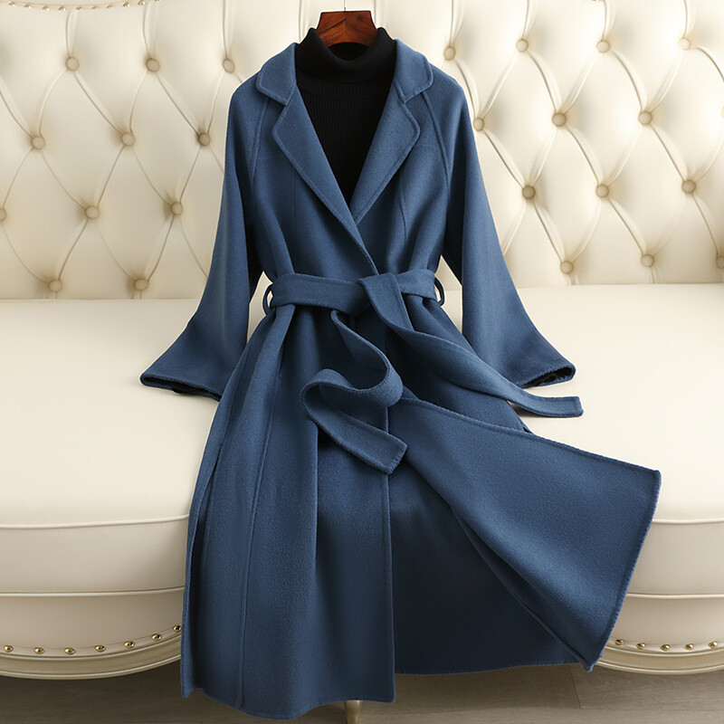 Double Sided 100% Wool Women Long Trench Coat Over Knee Lapel Collar Overcoat-image