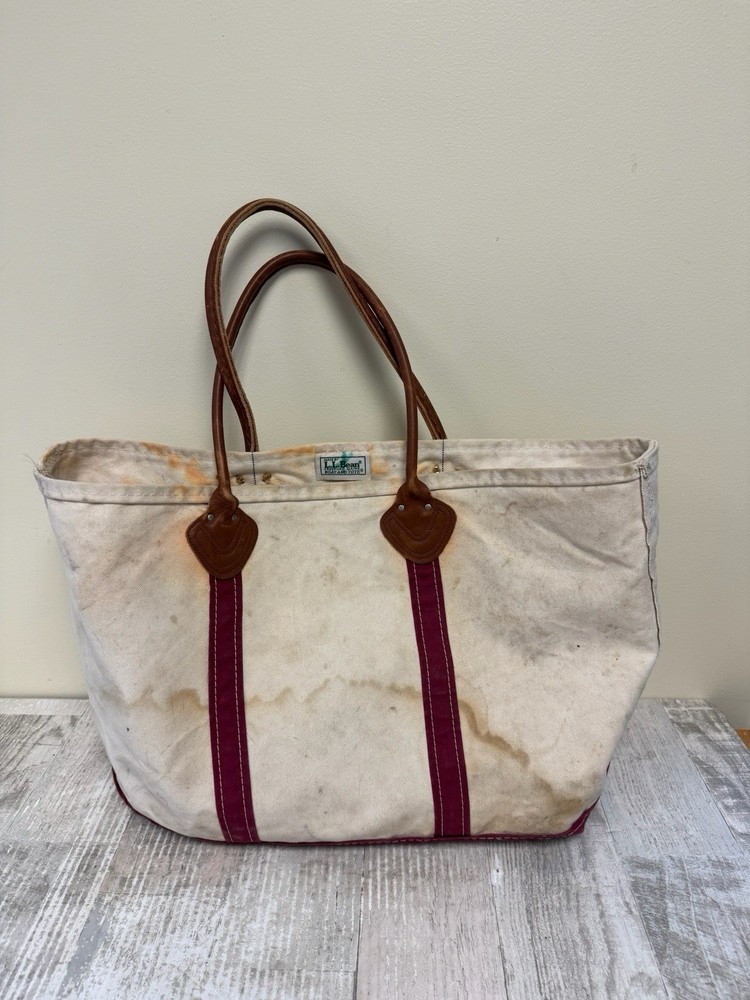 Vintage LL Bean Red Boat Tote Canvas Bag with Leather Handles 70s-90s Large Size