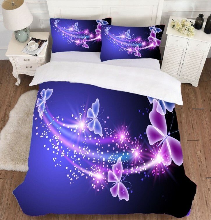 3D Fluorescent Butterfly Doona Duvet Cover Queen Bedding Quilt Cover PillowCase