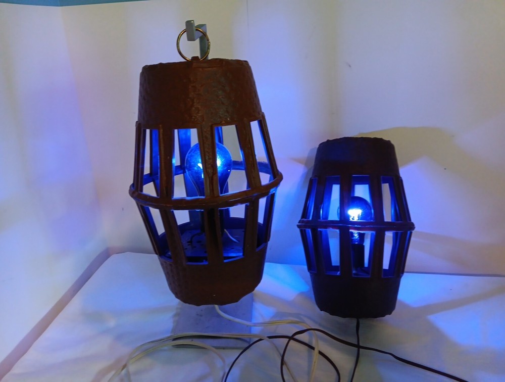 Retro Blow Mold Basket Hanging Patio  Deck Camping Lamp. Black Light. Set Of 2.