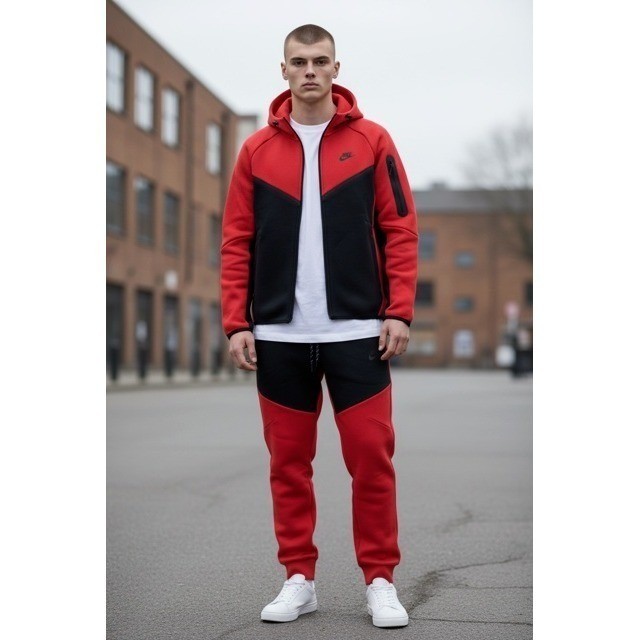 Nike Tech Tracksuit Full Set Red Black Full Zip Hoodie Jogger Pants Mens (XL)
