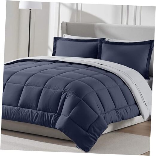 Comforter Set 7 Piece - Reversible Comforters Size Bed in a Bag All Queen Navy