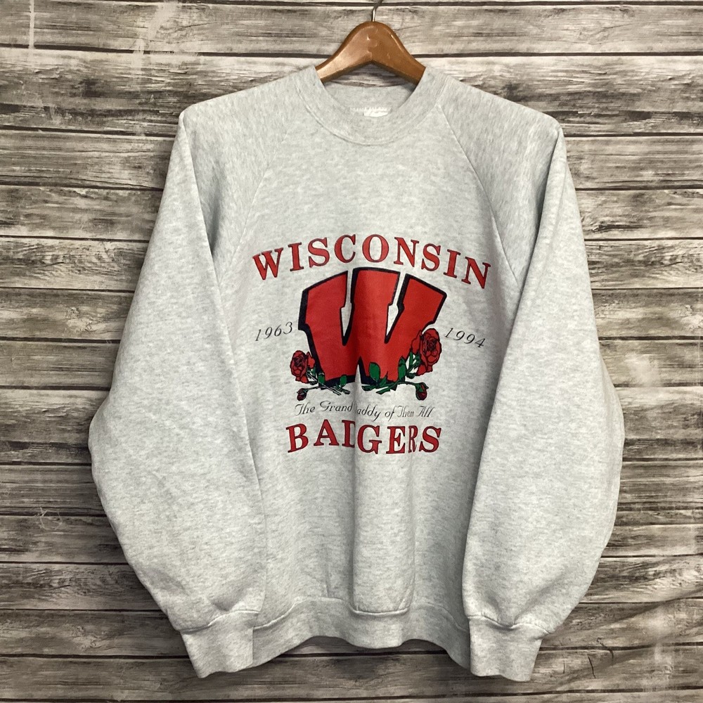 Vintage Wisconsin Badgers Sweatshirt Men XL Gray Crewneck Rose Bowl Football 90s