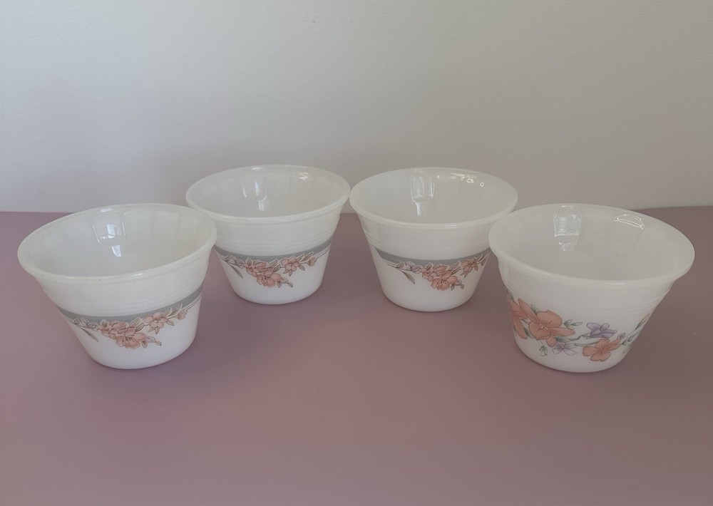 Vintage Indopal Indonesian milk glass ramekin custard cups pink floral set of 4