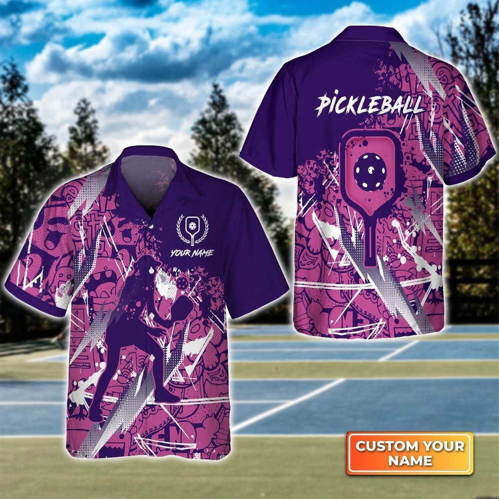 Pickleball Scritch Purple Pink Pattern Personalized Name 3D Hawaiian Shirt Gift