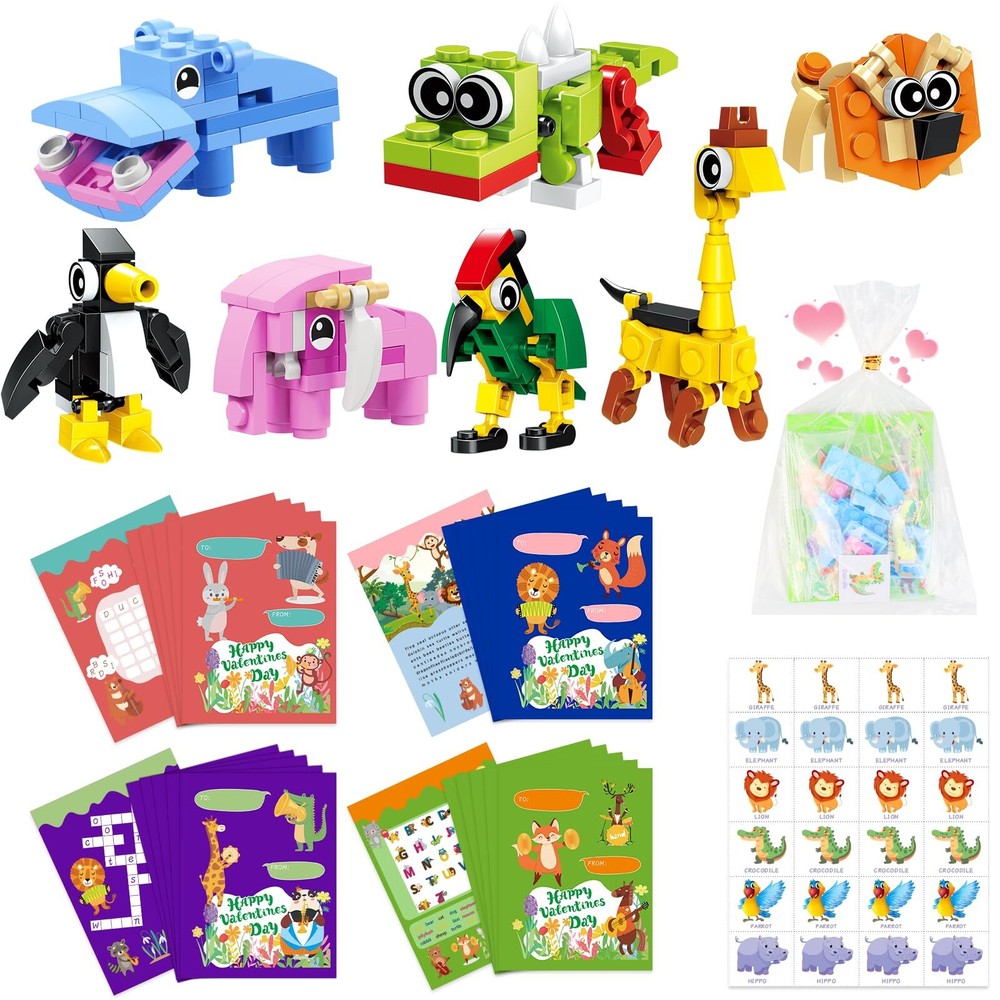 28 Packet, Bulk Valentines Day Gifts for Kids Classroom, Include Animal Build...