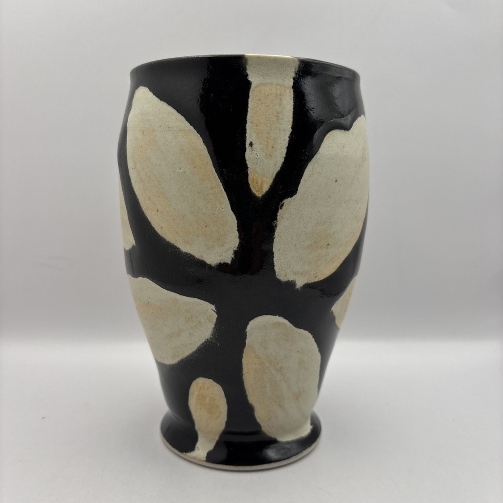 Art Pottery Vase Black & White Abstract Design Mid Century Boho