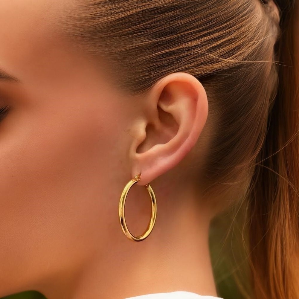 18K Gold Modern Polished Dangle Hoop Earrings for Everyday Wear