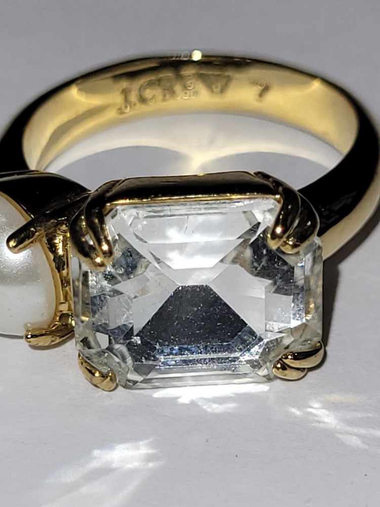 J.Crew Gold Tone Ring Imitation Pearl Clear Crystal Rhinestone Size 7 Fashion
