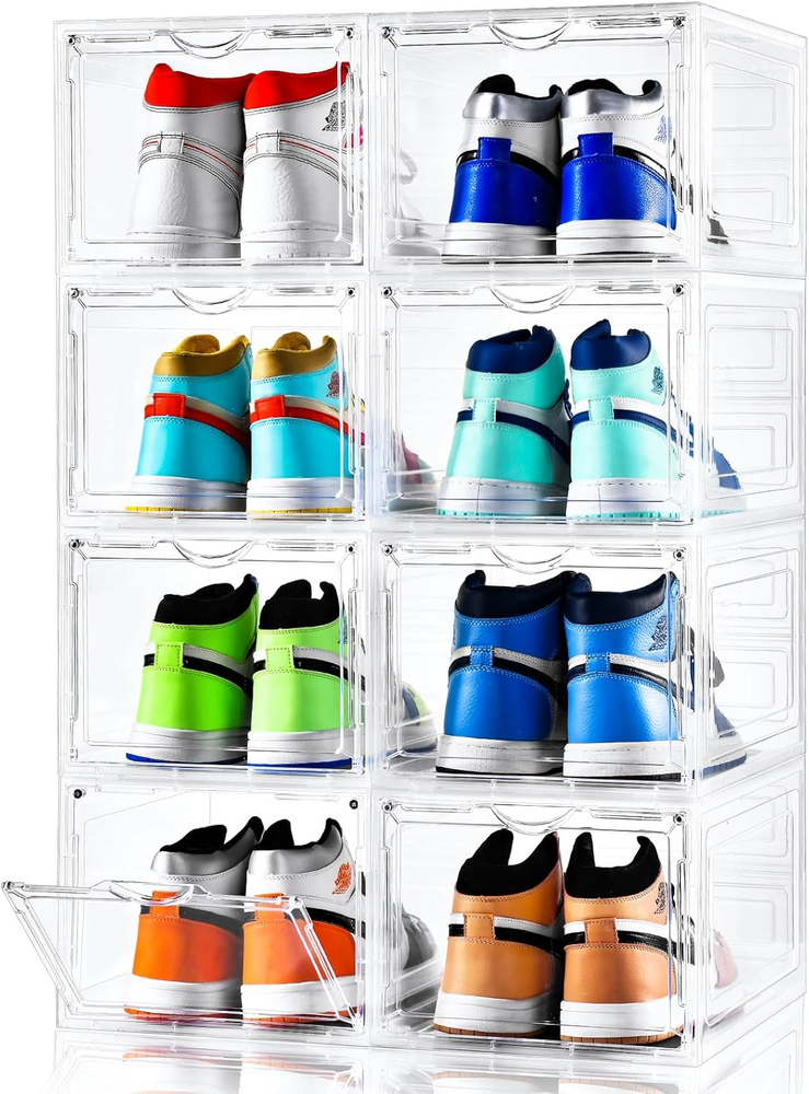 Upgraded Clear Stackable Shoe Storage Boxes 8-Pack X-Large Drop Front Design