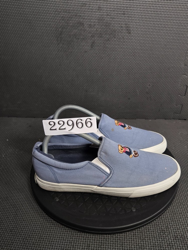 Polo Ralph Lauren Charlee Bear Shoes Youth Sz 6.5 Blue White Canvas Slip Ons