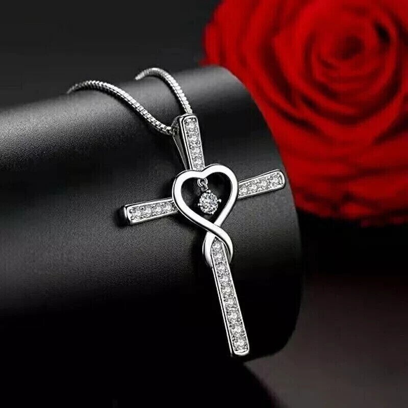 Stunning 14K White Gold Plated Round Cut Simulated Diamond Cross Pendant for Women