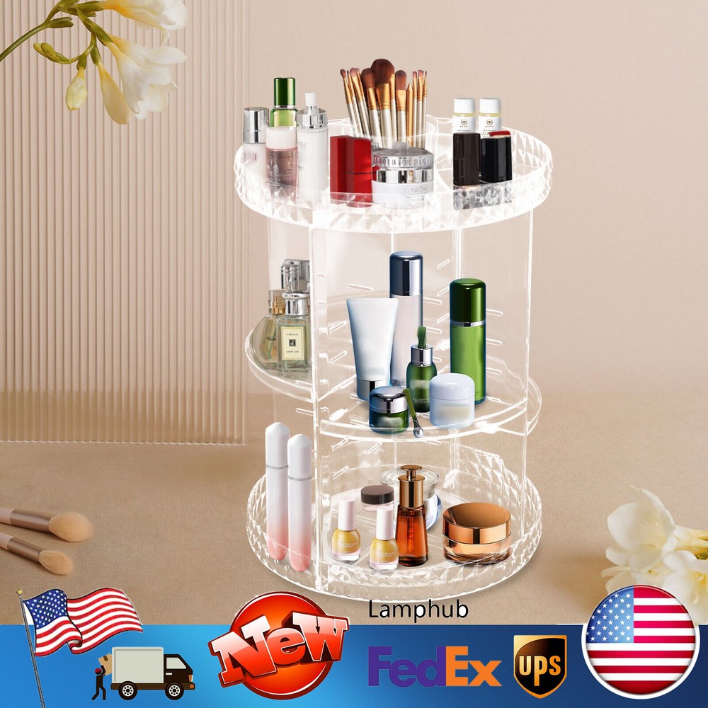 360-Degree Rotating Makeup Organizer with Plastic Shelves for Cosmetics