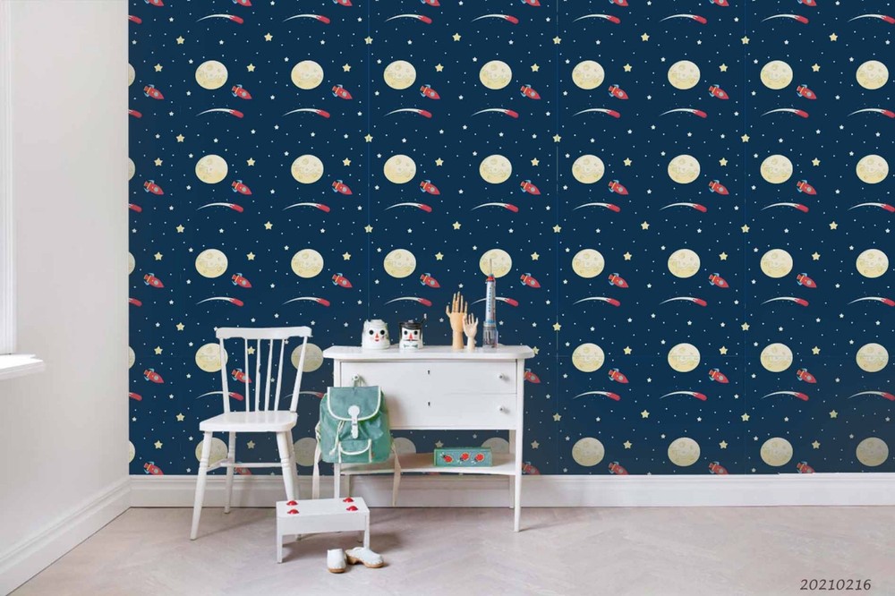 3D Space Stars Moon Rocket Pattern Wall Murals Wallpaper Murals Wall Sticker