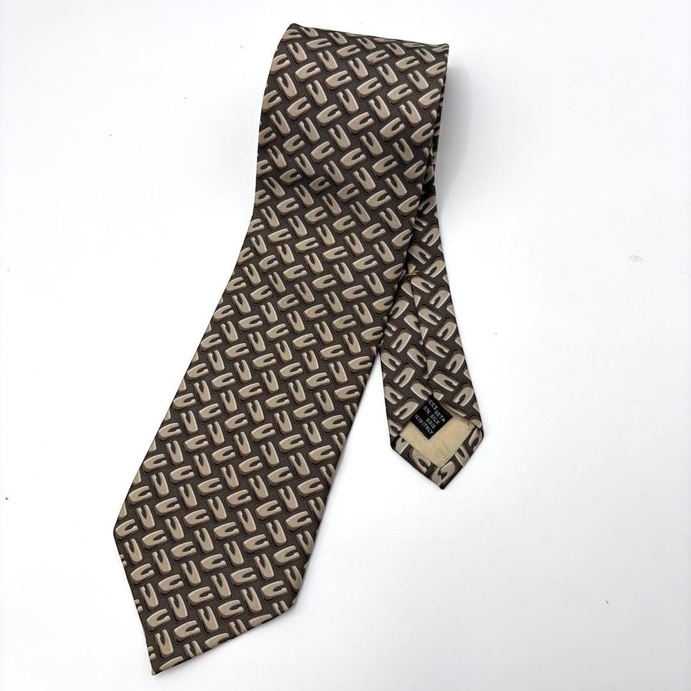 GUCCI Necktie Tie Brown Beige All over G Logo pattern 100% Silk Made in Italy