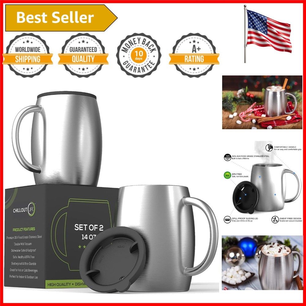 Set of 2 Insulated Stainless Steel Coffee Mugs - 14oz with Spill-Resistant Lid