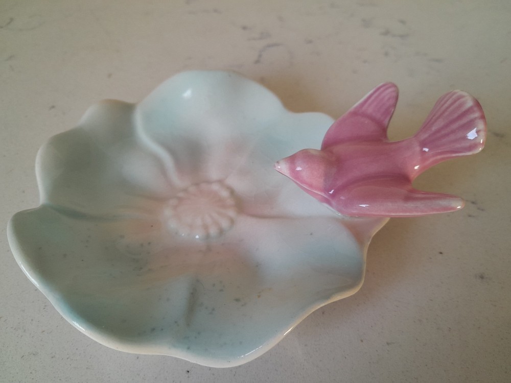 Vintage 1940s Royal Copley Trinket Dish Pink Bird Blue Flower Soap Dish EUC