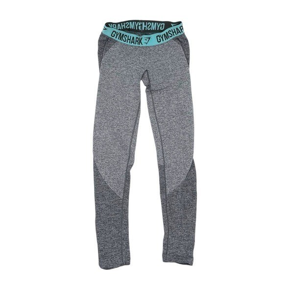 Gymshark Flex Leggings Dry Charcoal Marl Dusky Teal Waistband Logo Size Small