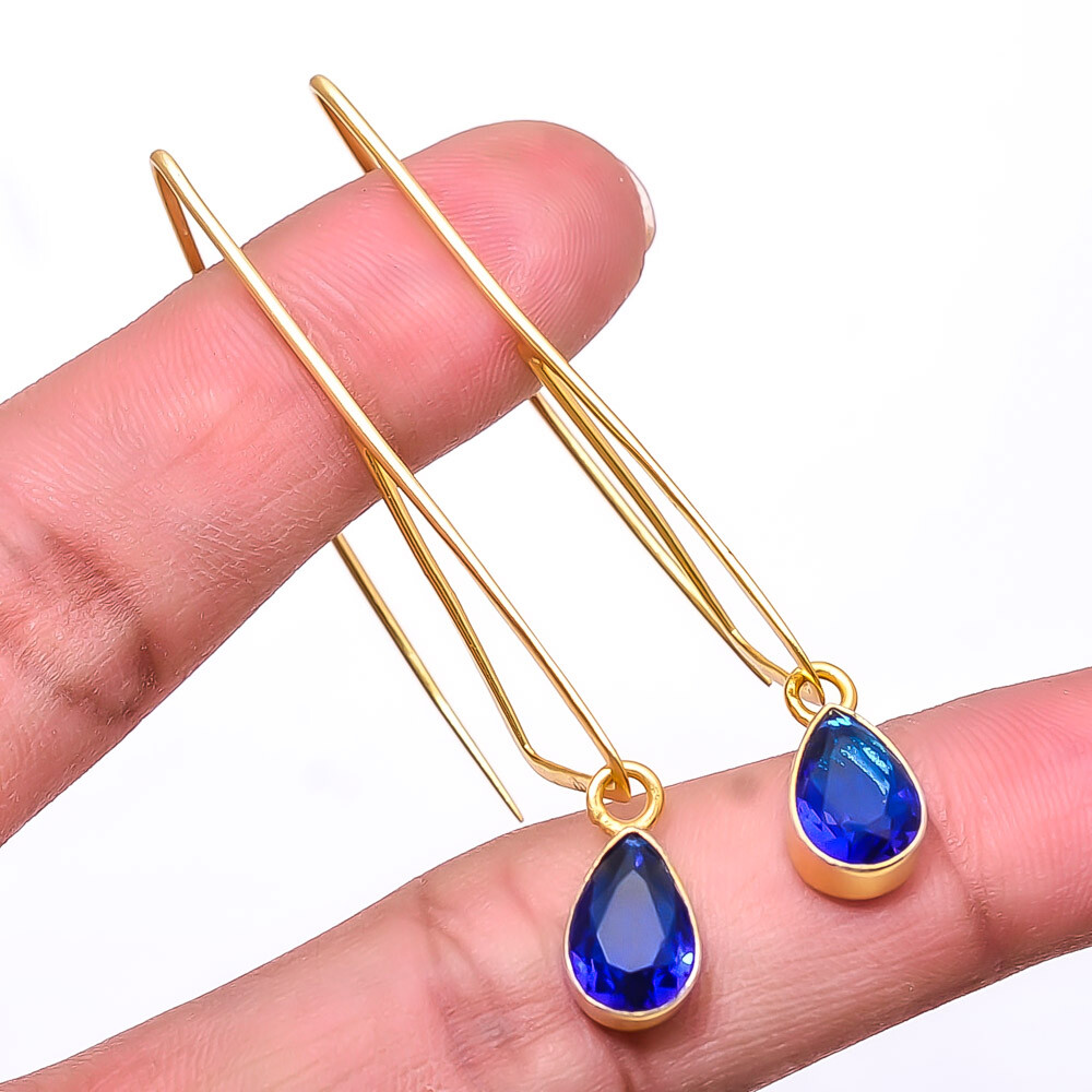 Blue Sapphire Gold Plated (Simulated) 925 Sterling Silver Earring 2.46