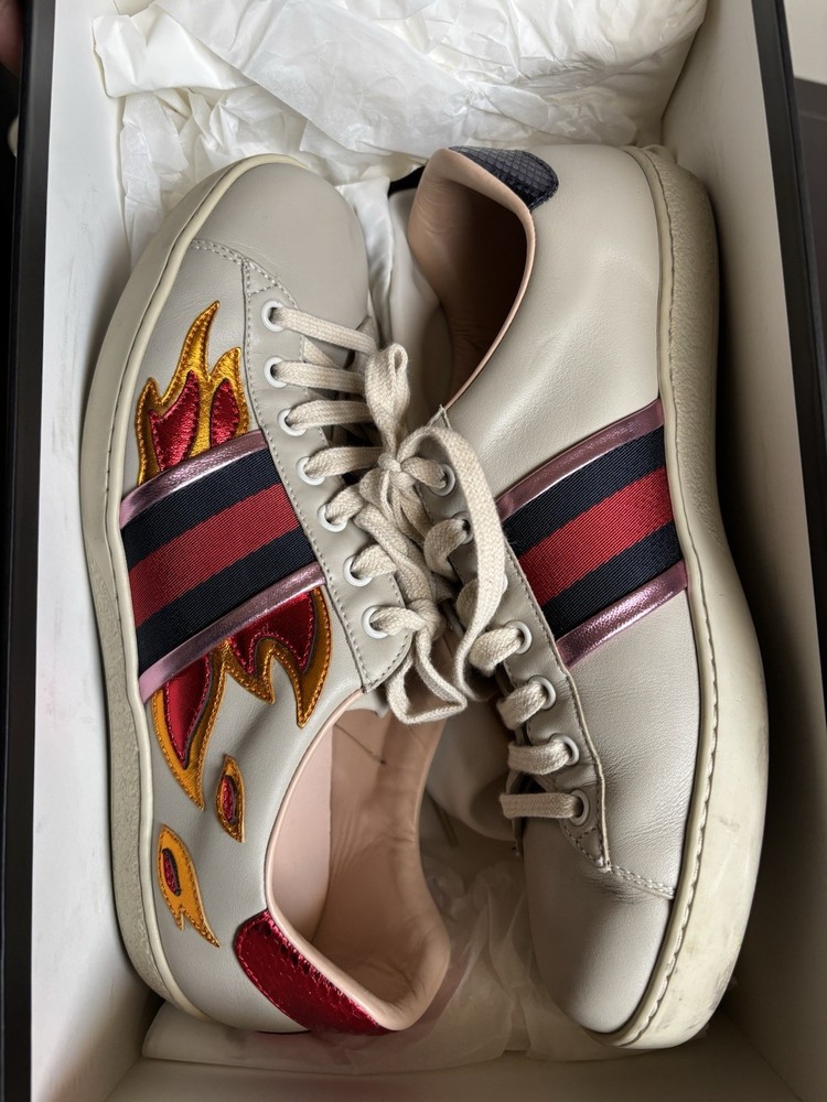 Gucci Men Ace Embroidered Flame Sneakers Size 8 G7 Excellent Condition