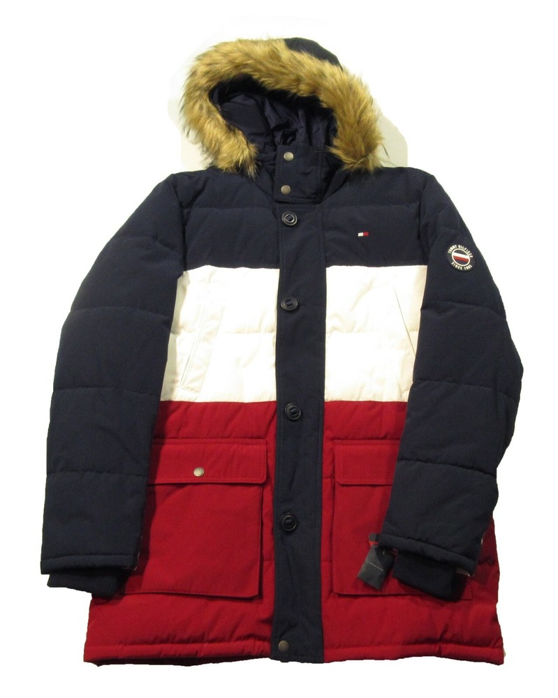 Tommy Hilfiger Mens Navy White Red Long Faux Fur Hooded Winter Snorkel Jacket