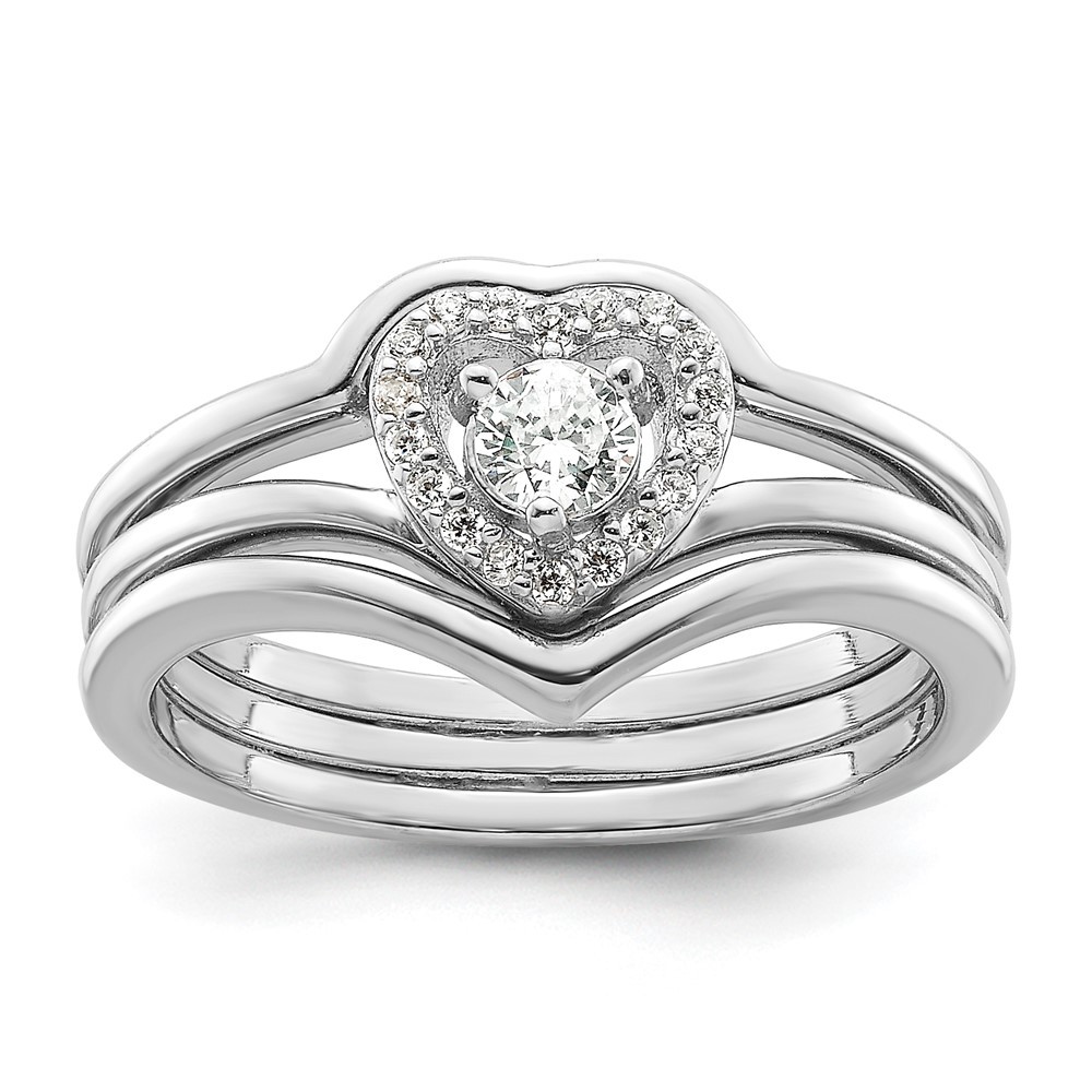 Sterling Silver Cubic Zirconia Heart and Bands Three Ring Set Size 8