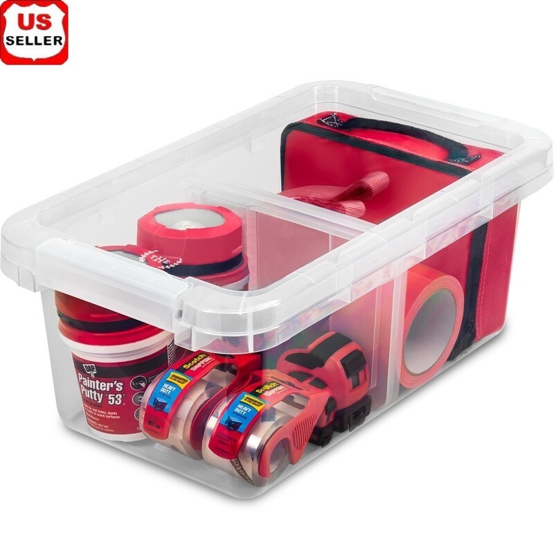 Clear Plastic Storage Bins with Adjustable Dividers - Set of 4 Stackable Organizers