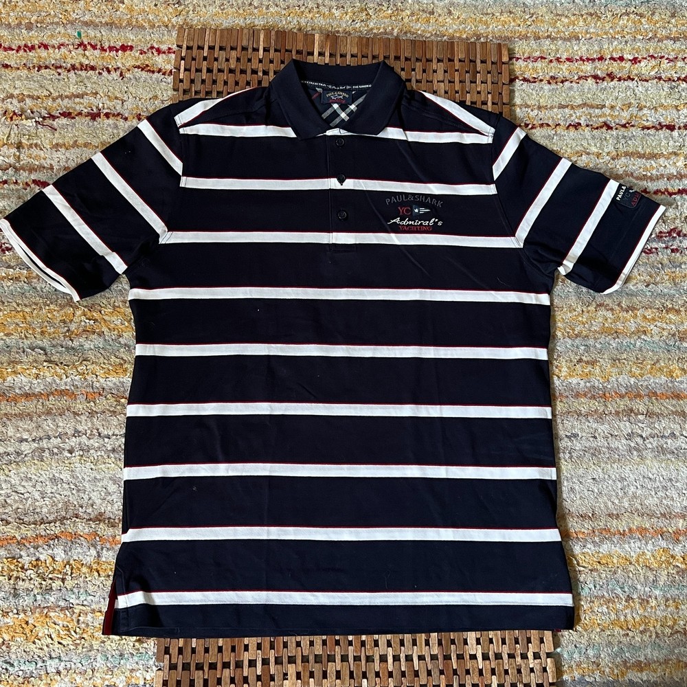 Paul & Shark Yachting Embroidered Stripe Pique Polo Golf Shirt Blue Men's Large