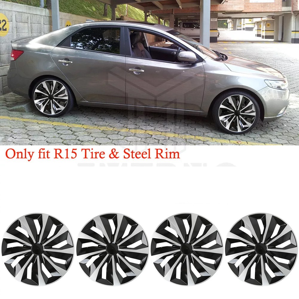 Set of 4 15 Inch Snap On Wheel Covers for Kia Forte Full Rim Hub Caps Replacement