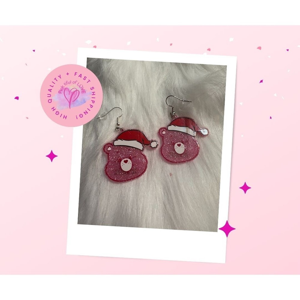 Pink Care Bear Holiday Wire Earrings Festive Christmas Gift