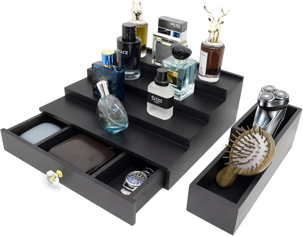 4 Tier Cologne Organizer Stand with Drawer and Hidden Black 4