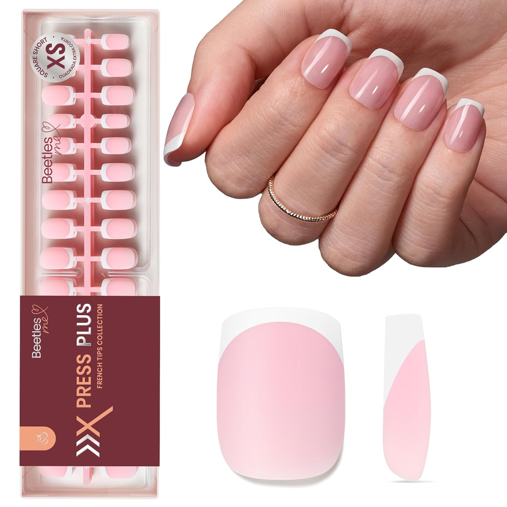 Beetles X Press plus French Tip Nails - Peach French | Pink Extra Short Square P