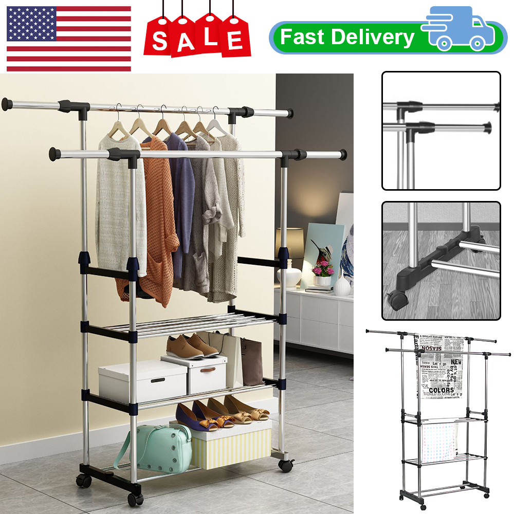 Heavy Duty Clothing Garment Rack Rolling Clothes Organizer Double Rails Hanging