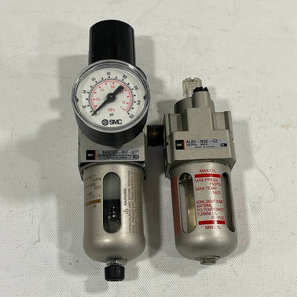 SMC NAW2000-N02-C Pneumatic Regulator/Gauge and AL02-N02-CZ Lubricator