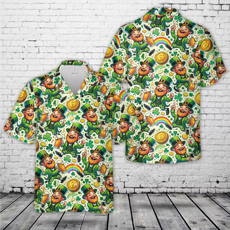 Funny St Patricks Day Hawaiian Shirt Shamrock Irish Clover Men's Gift