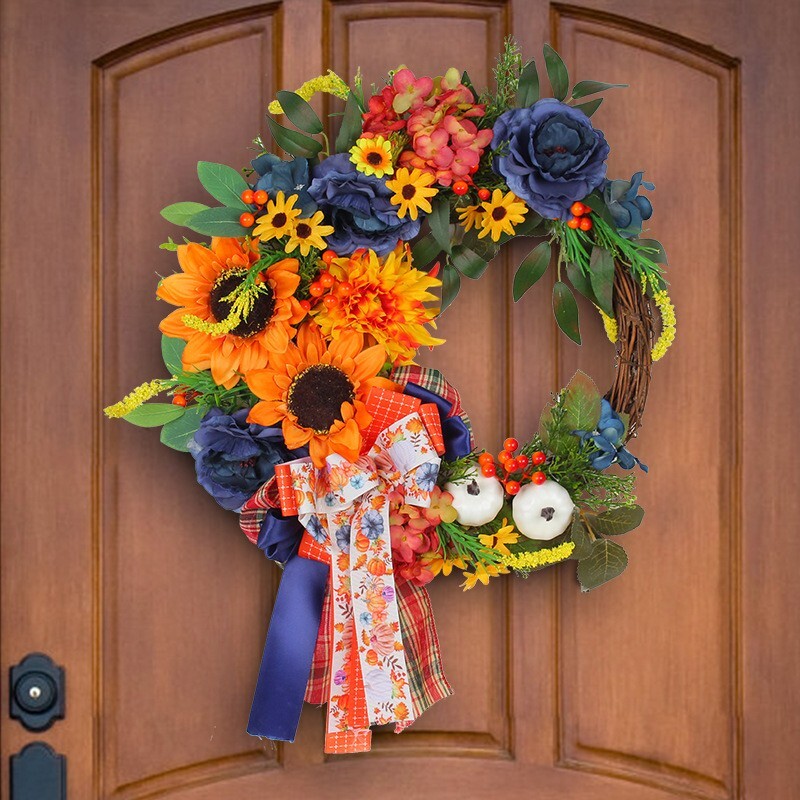 Colorful Artificial Seasonal Wreath for Front Door or Porch with Flowers-image