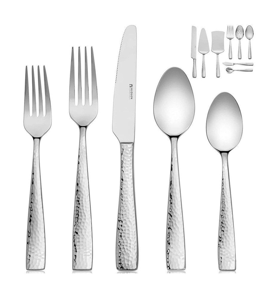 Hudson Essentials 68-Piece Hammered 18/10 Stainless Steel Silverware Cutlery ...