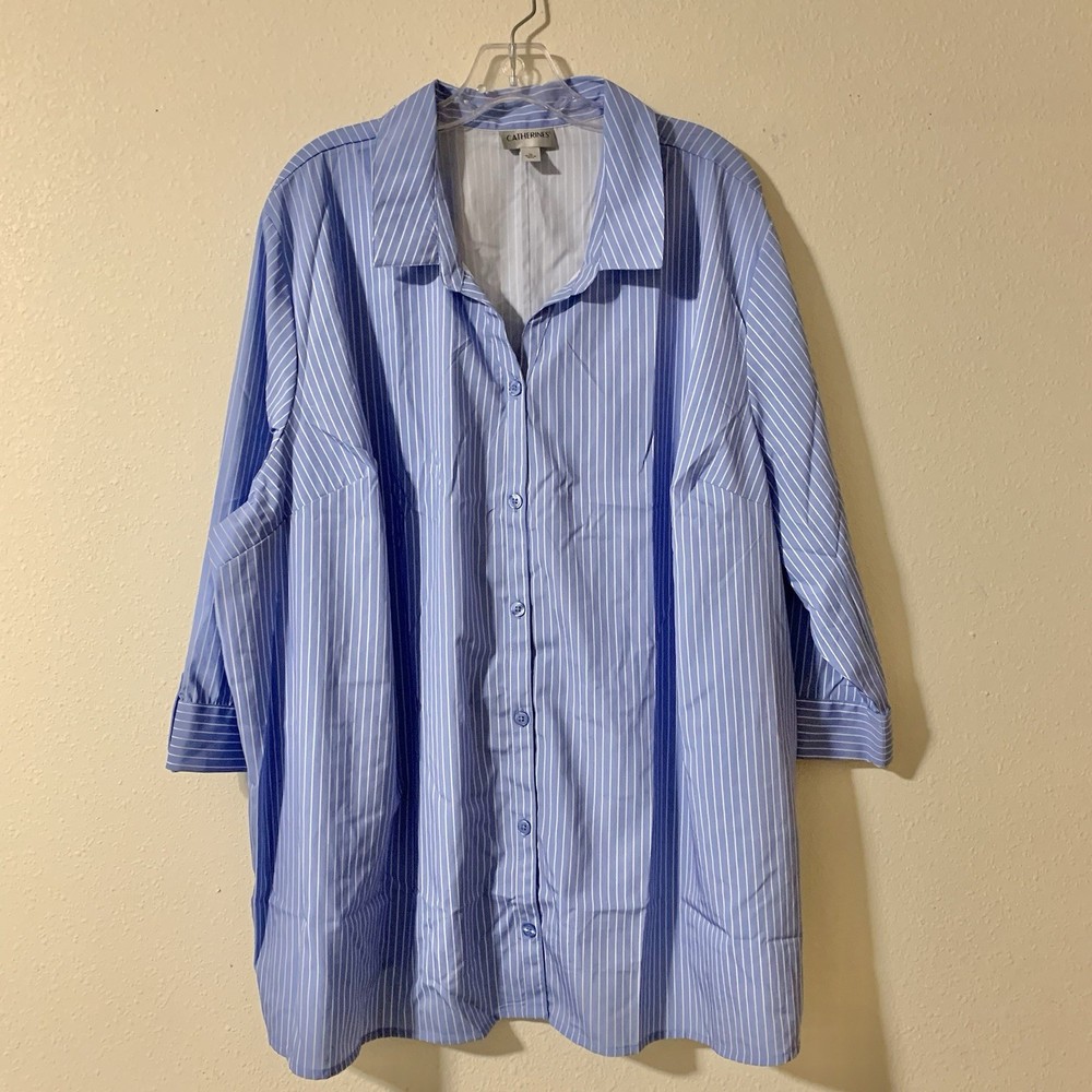 NEW Catherine’s Women’s Button Up 3/4 Sleeve Blue White Striped Top 3X Blouse