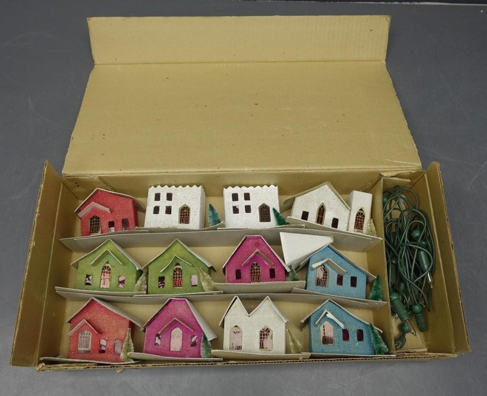 Vintage SEARS 12-Piece Putz Mica Light-Up House Village Set Japan Christmas Ornament NIB
