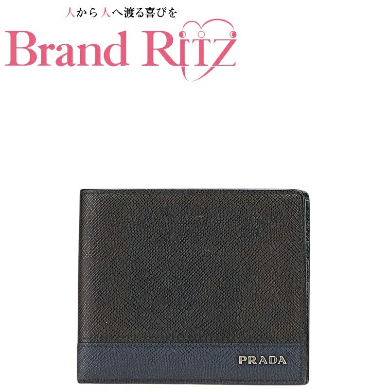 Prada Bifold Wallet in Black Navy Saffiano Leather for Men Y0807 Pre-Owned