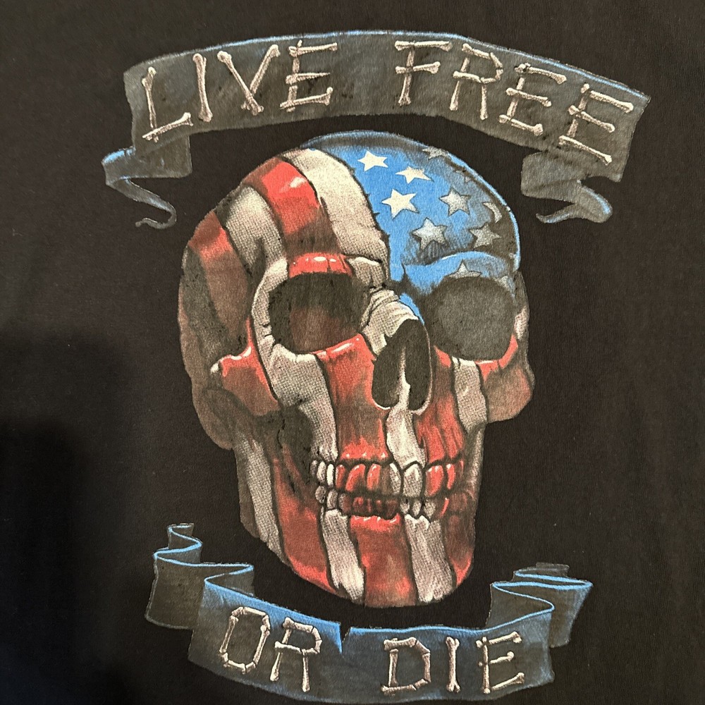Delta Live Free Or Die T-Shirt Men L Black Skull USA Flag Grunge Biker Rock Punk