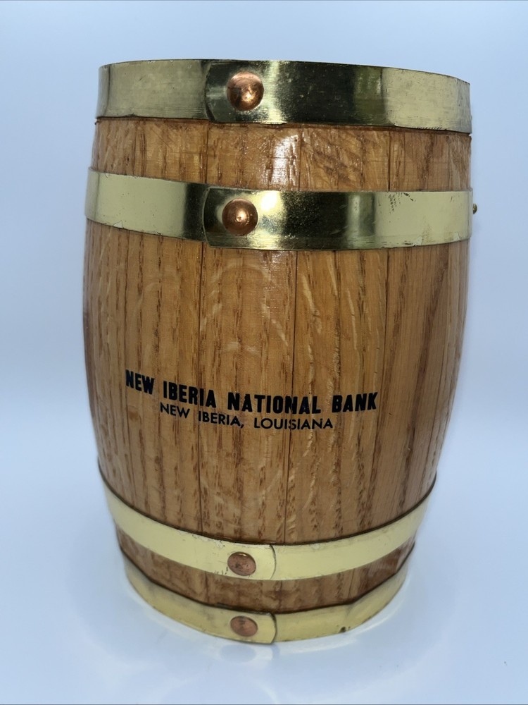 New Iberia La.National Bank Wooden Barrel Coin Promotional AdvertisingW/Contents
