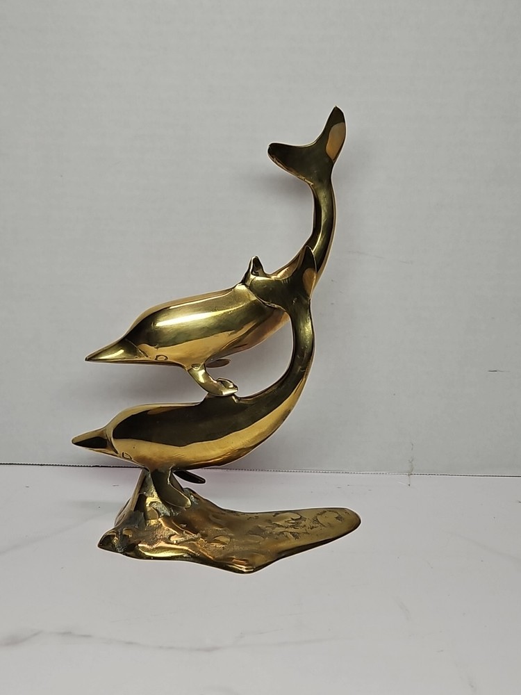 Vintage Large Solid Brass 2 Swimming Dolphins Playful Sculpture Figurine Statue.