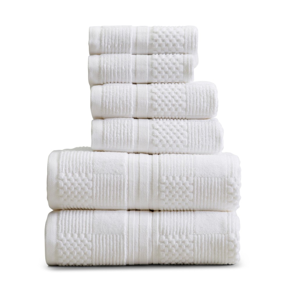 100% Cotton 6-Piece Bath Towel Set in White with Geometric Texture