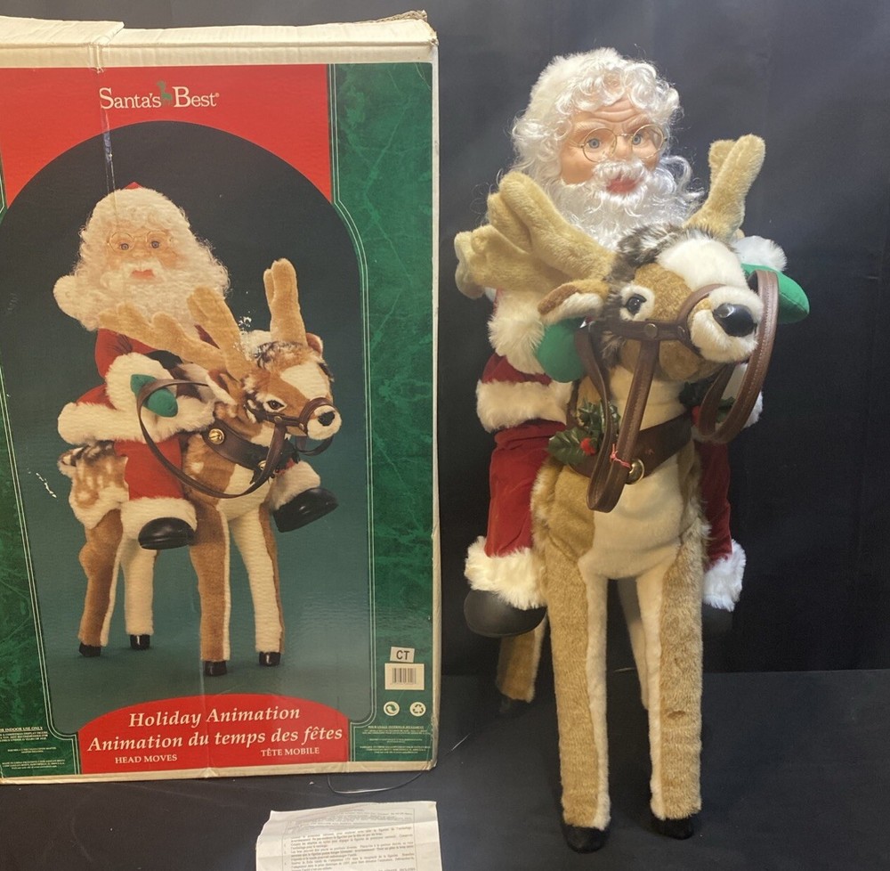 Santa’s Best Animated Santa Riding Reindeer With Box Working Ex! Large 36 “